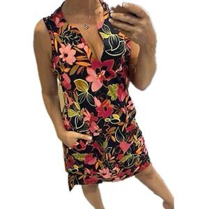 Lands End Women's 100% Cotton Pink Navy Green Hibiscus Floral Shift Dress XS